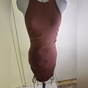 0Rosie Daze Elegant Brown Halter Dress W/Adjustable Draw String Sides Size Med